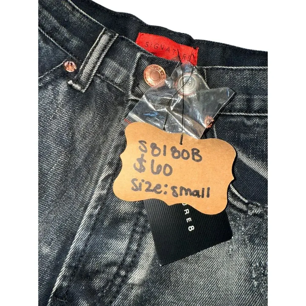 Signature 8 Black Distressed Denim Shorts Red & Black Side Stripe High Rise NWT